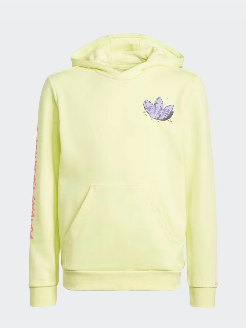 adidas Neon Yellow Kids Hoodie with Purple Trefoil Graphic